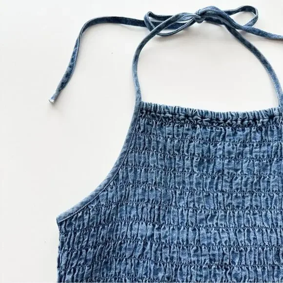 American Eagle Smocked Blue Denim Halter Top - Picture 3 of 10